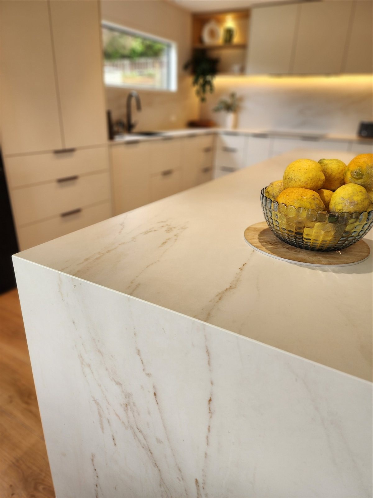 Detail of marble benchtop and mitred join