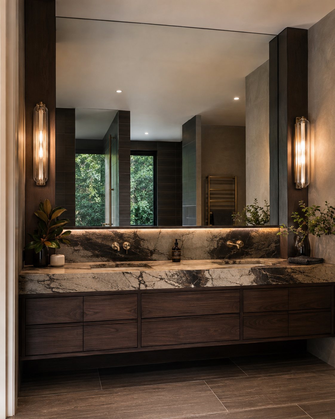 Bathroom style reference: dark timber vanity with marble benchtop