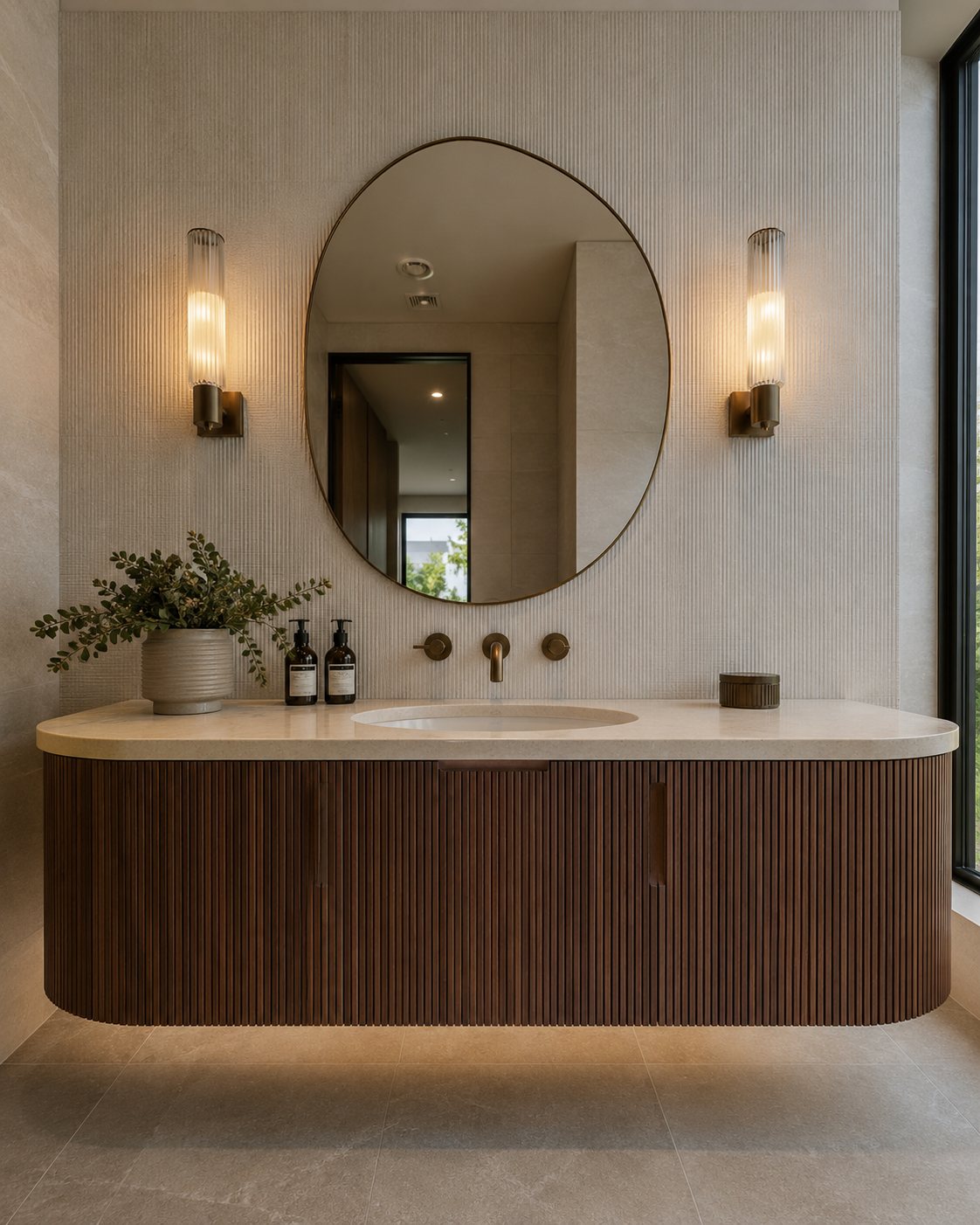 Bathroom style reference: fluted walnut vanity with round mirror