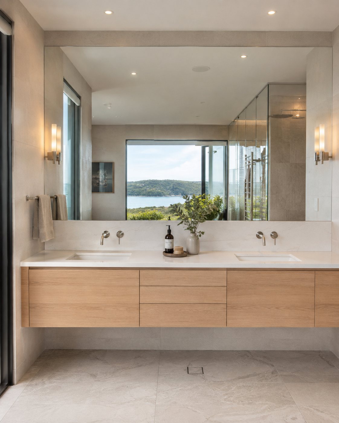 Bathroom style reference: oak double-sink vanity with ocean view