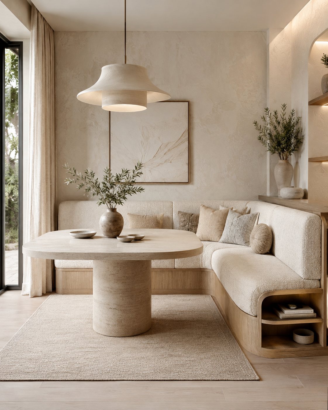 Booth seating reference: curved corner nook with neutral boucle upholstery