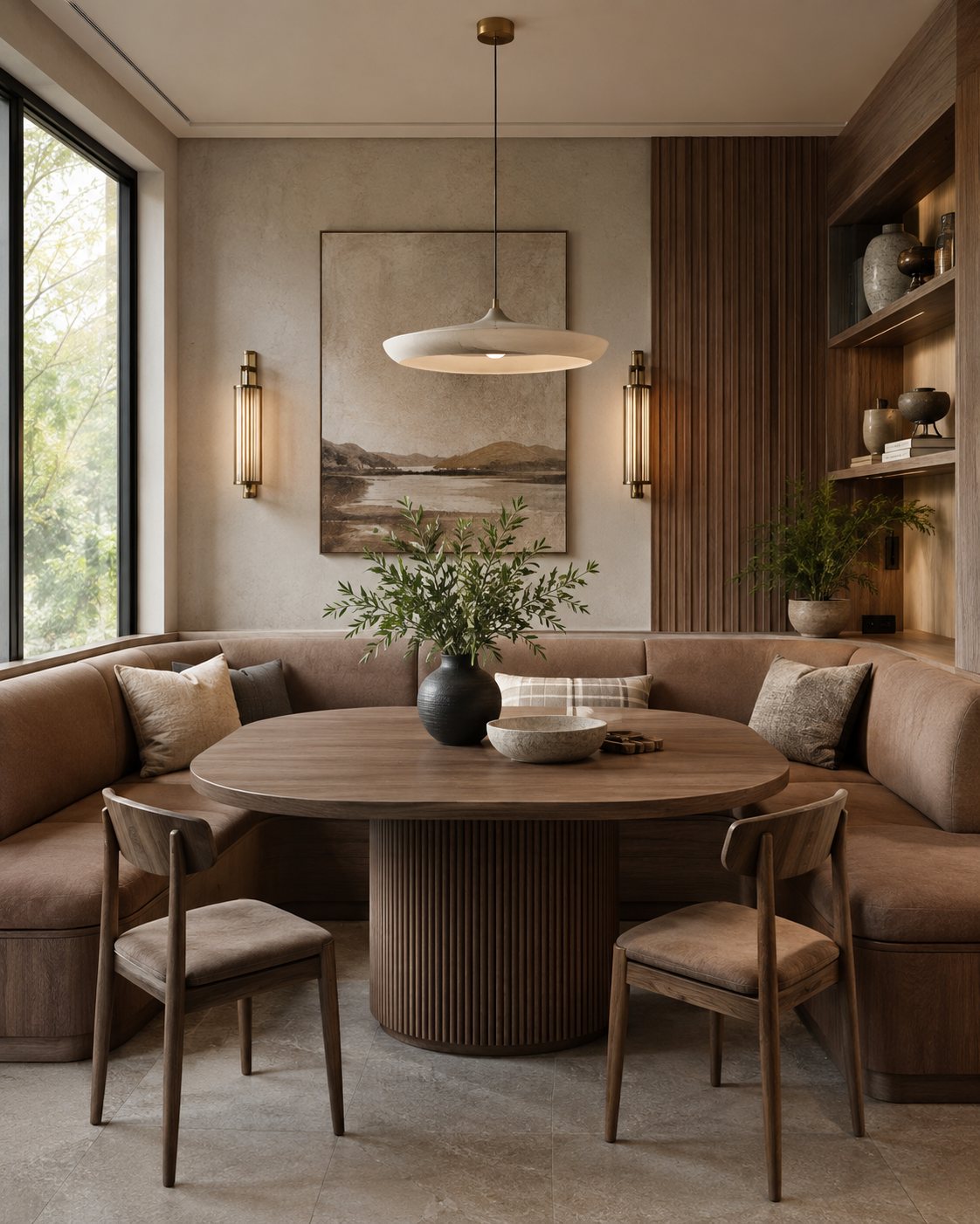 Booth seating reference: curved walnut banquette seating with round table