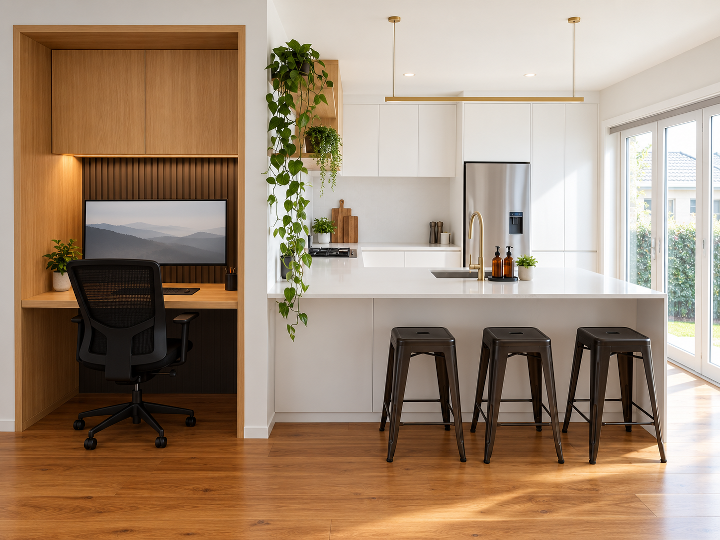 White flat-panel kitchen with island and built-in timber-lined study nook