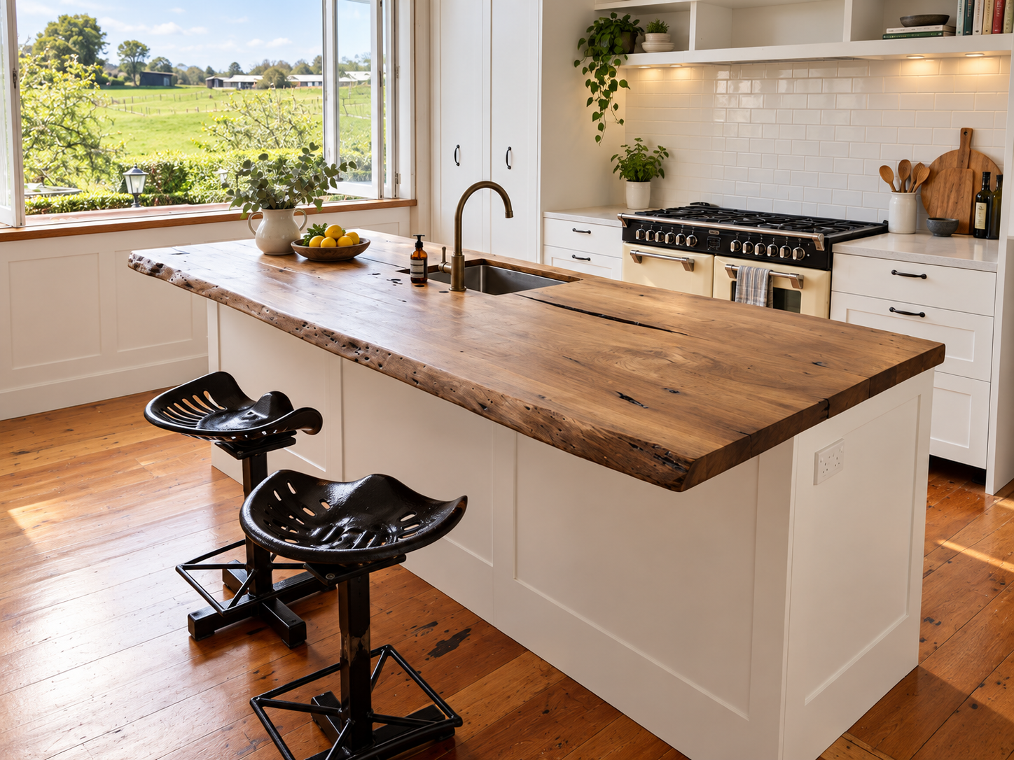 White shaker kitchen with live-edge timber island and cream range cooker, rural outlook through large windows