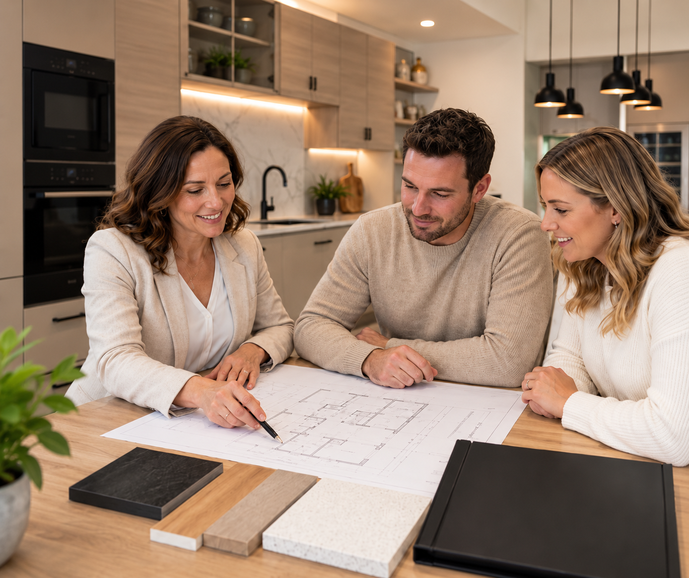 Stirling Kitchens designer discussing a kitchen design with clients
