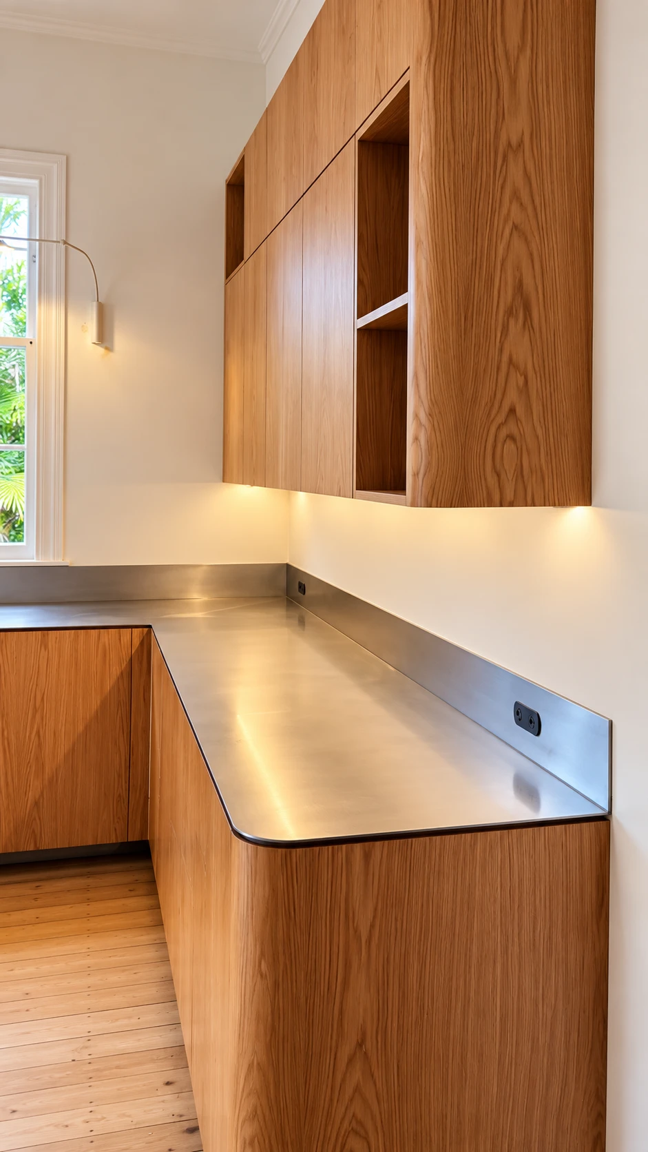 Grey Lynn oak kitchen — close detail of 5mm orbital satin-finish stainless steel benchtop with negative detail edge and under-cabinet lighting