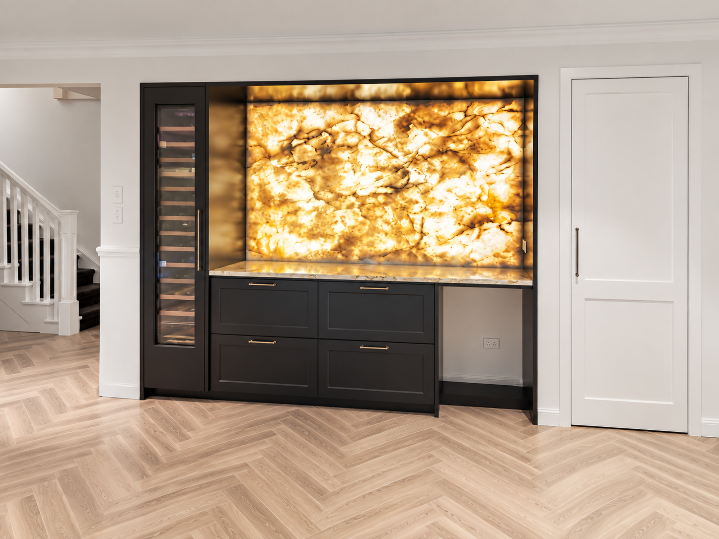 Dark shaker bar unit with backlit onyx stone panel, integrated wine fridge and brass handles on herringbone floor