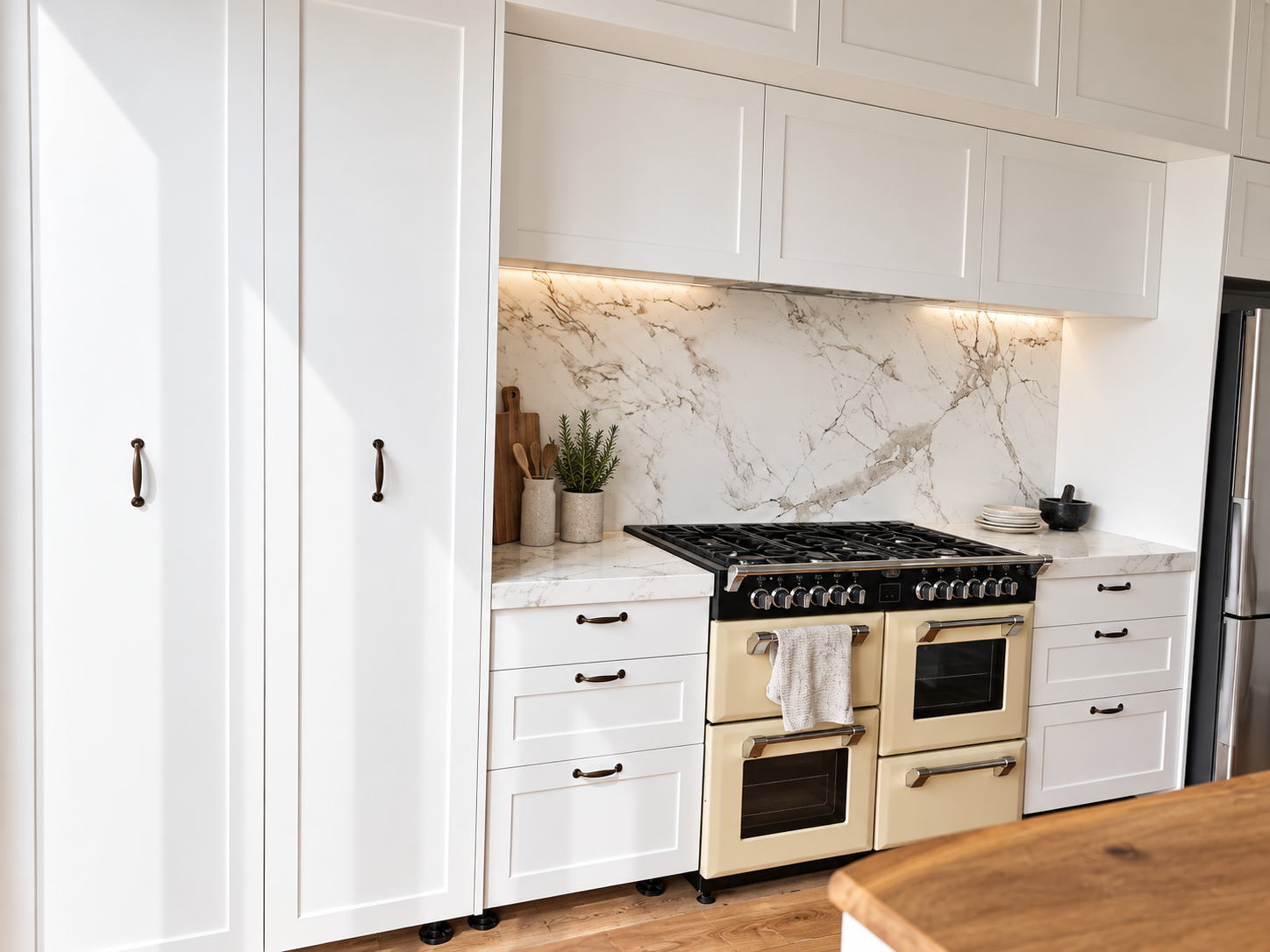 White shaker cabinetry with cream range cooker, marble splashback and under-cabinet lighting