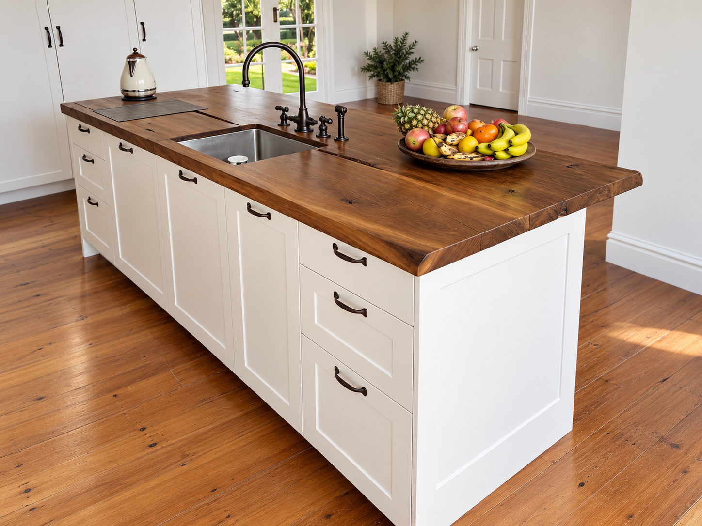 White shaker kitchen island with solid timber benchtop, integrated sink and black bridge tapware