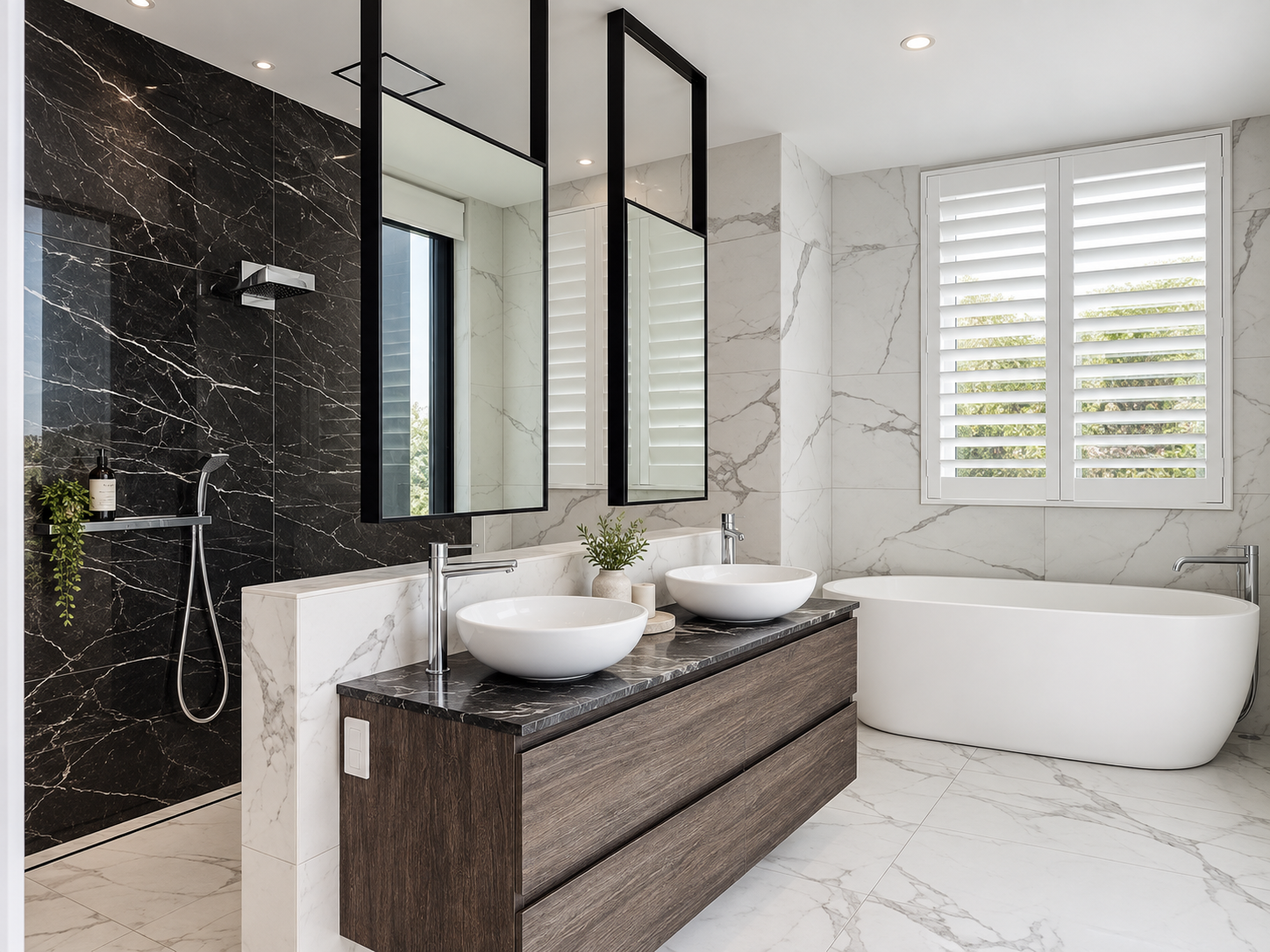 Dark timber vanity with twin vessel basins, black marble benchtop, glass shower and freestanding bath