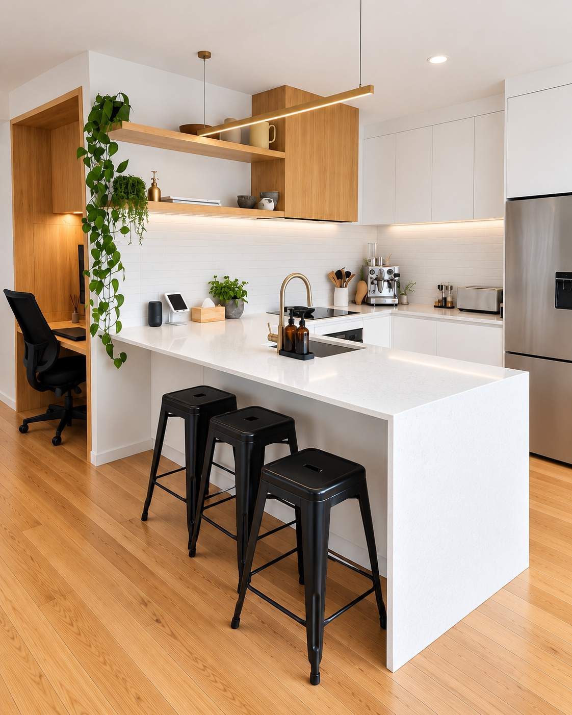 Botany kitchen — modern white handleless cabinetry with island bench
