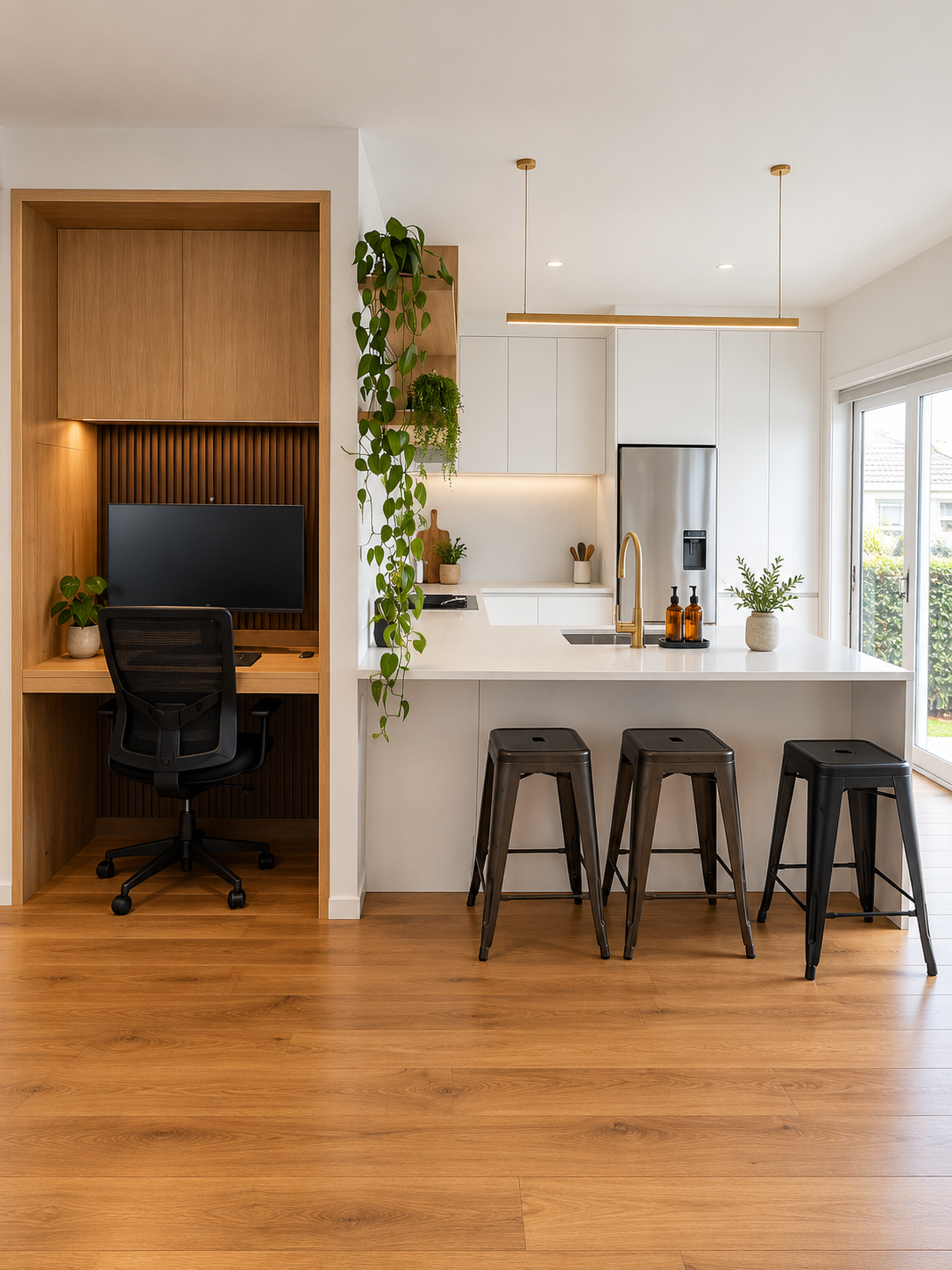 Modern white kitchen with black stools and integrated timber study nook