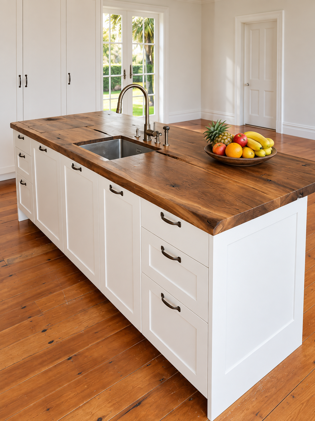 Live-edge timber island with brass mixer tap, shaker cabinetry and French doors to garden