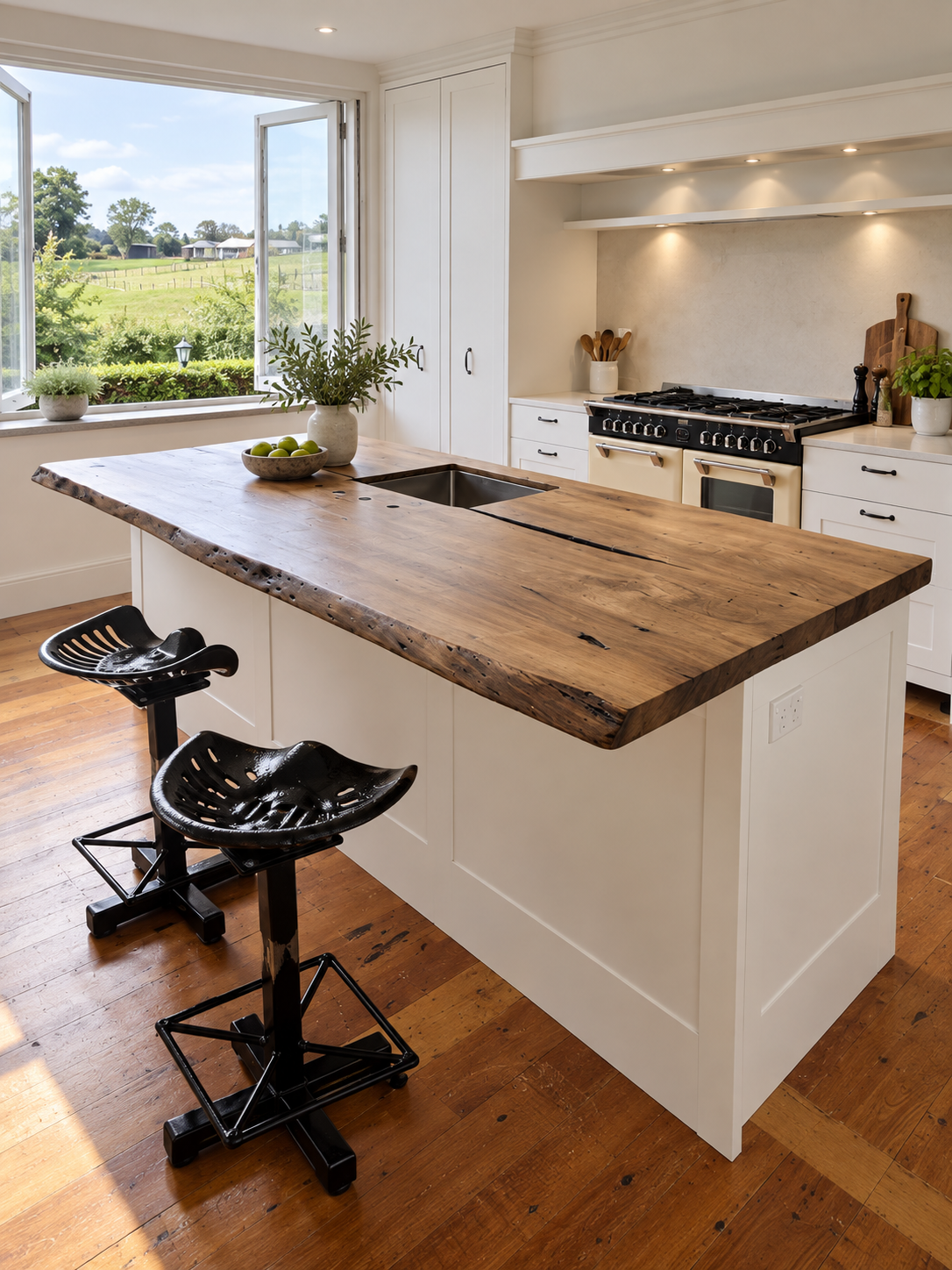 Live-edge timber island with integrated sink, tractor-seat stools and cream range cooker