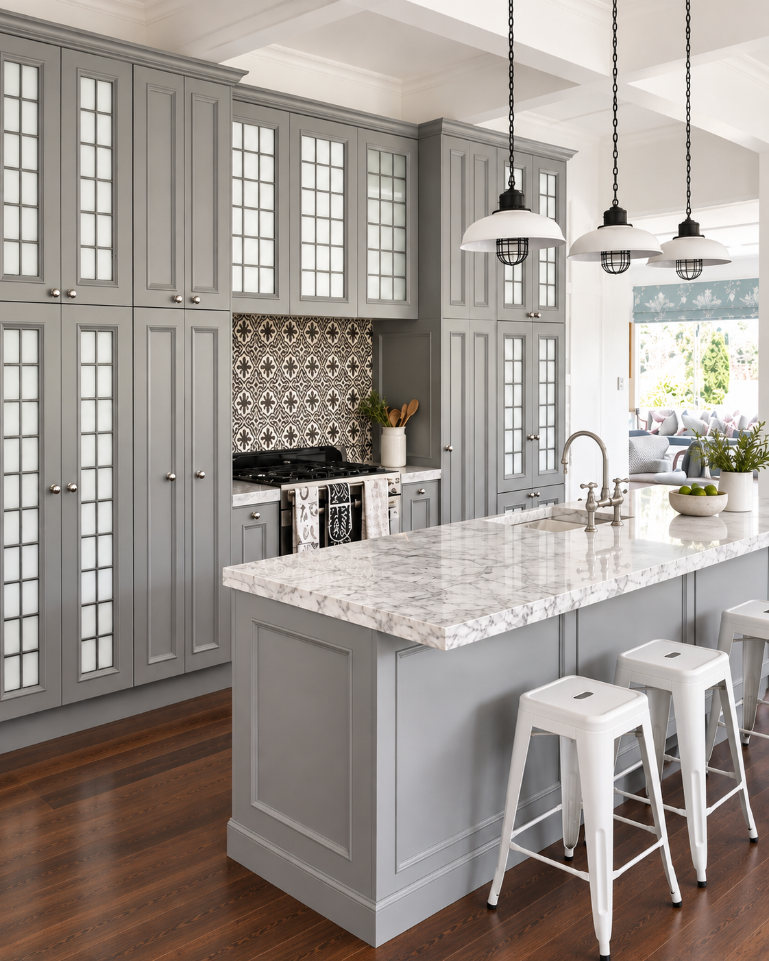 Grey painted kitchen with glass-fronted uppers, marble island and vintage-style cooker