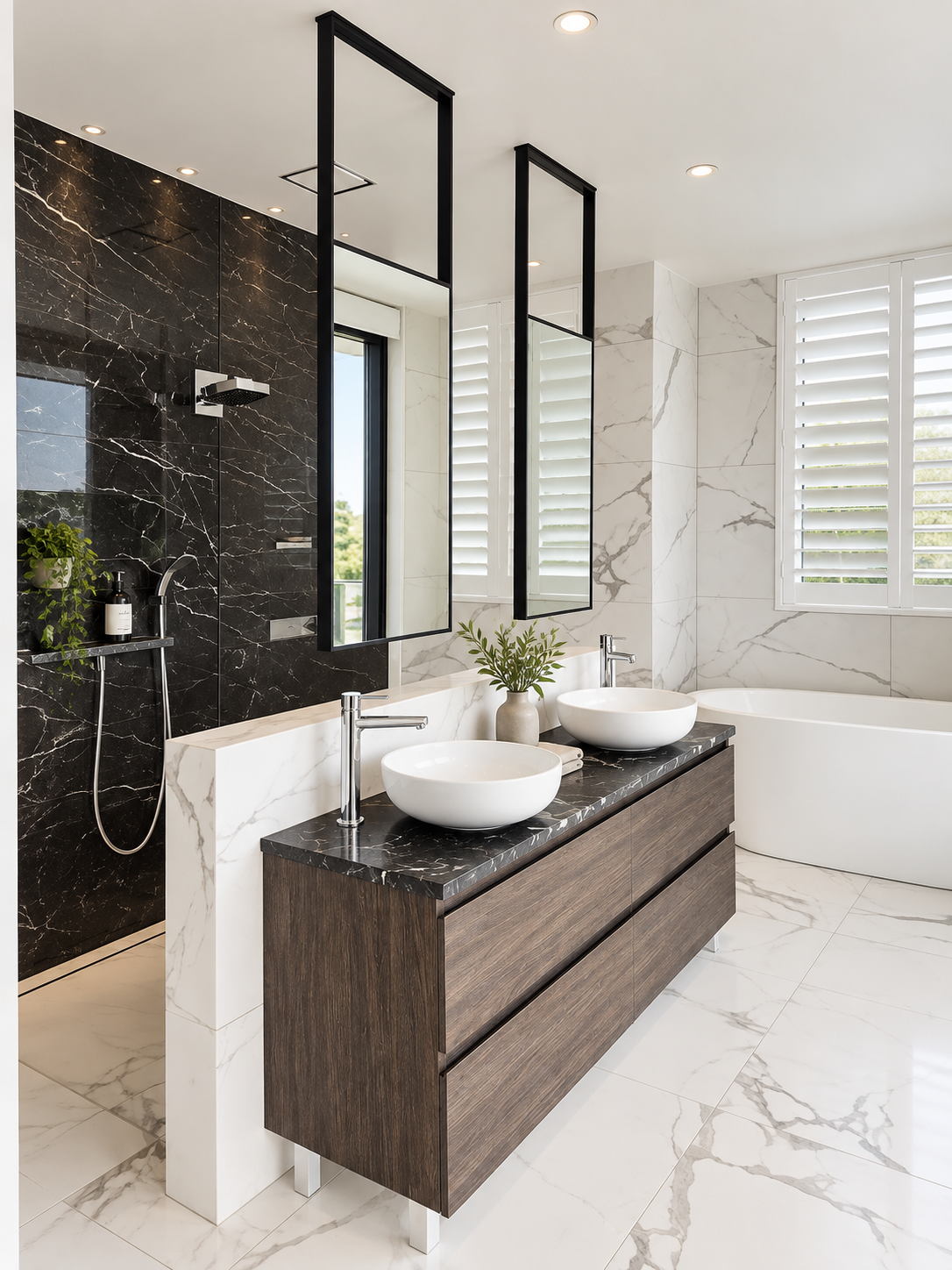 Custom dark timber vanity with twin vessel sinks on dark marble benchtop, black marble shower wall and freestanding bath