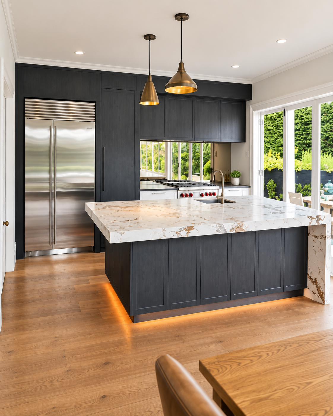 Remuera kitchen — charcoal flat-panel cabinetry with brass pendant lighting