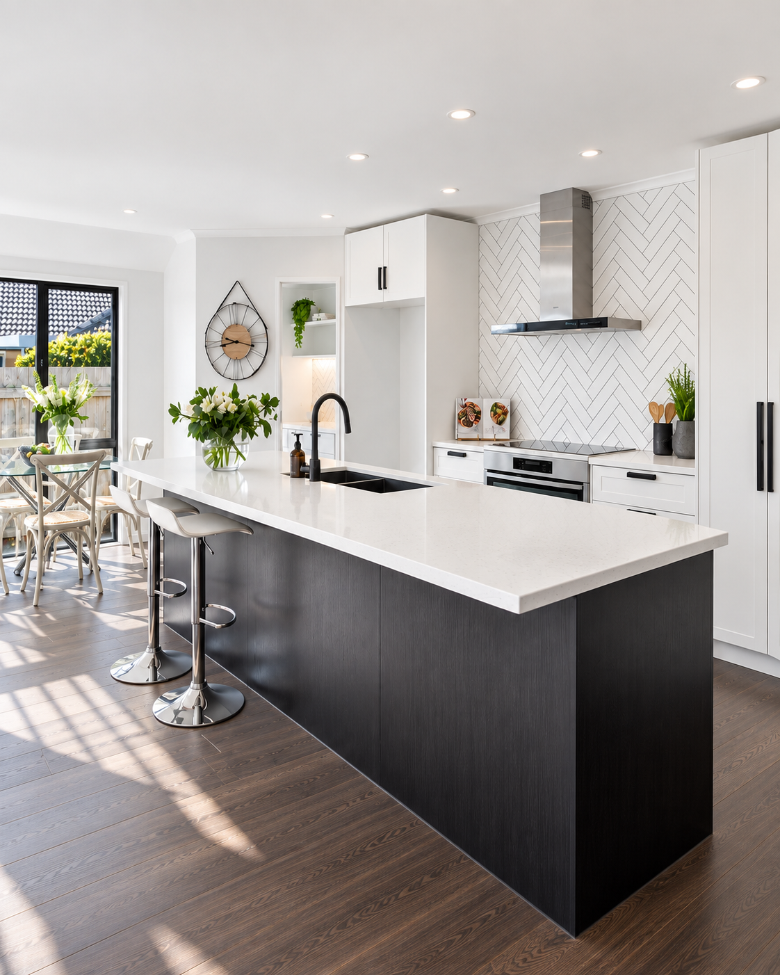 Titirangi kitchen — open-plan white cabinetry with dark contrasting island